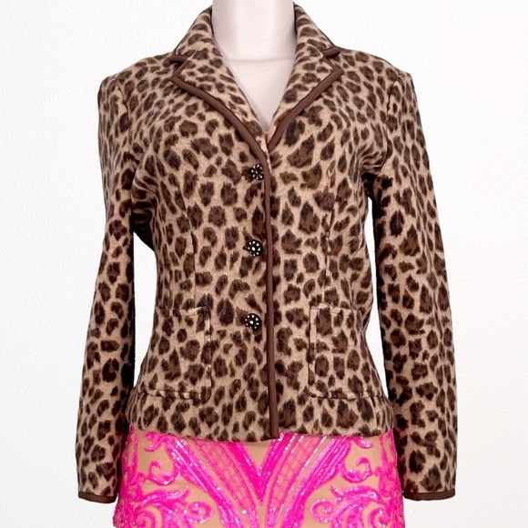 90s Y2K Talbots 100% Merino Wool Leopard Print Cardigan Jacket SZ Petite - Picture 3 of 11